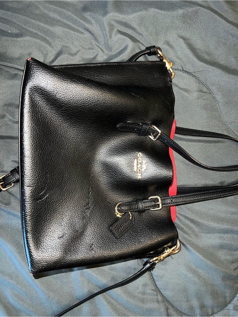 Coach Black Leather Shoulder Bag with Red Trim